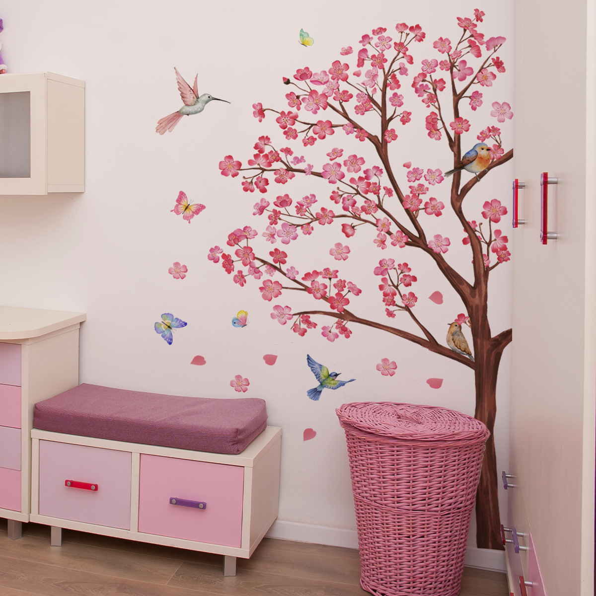 Baby Nursery Decor Girl - Watercolour Bird Flower Wall Stickers Living