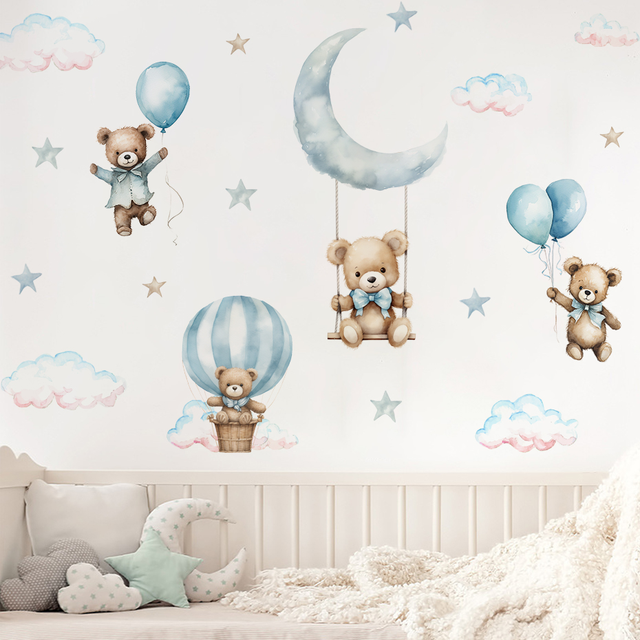 Watercolor Bear Hot Air Balloo - Baby Nursery Boy ulasan dan harga